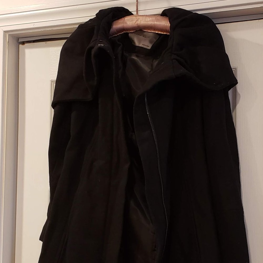 Long black belted Zara Basic dress coat, Small